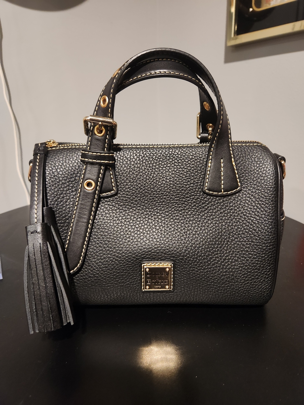 Dooney & Bourke Black Pebbled Kendra Satchel with Tassel and Gold Hardware